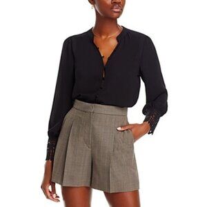 68$ Single Thread Lace Trim Collarless Button Down Blouse Top Size S Black